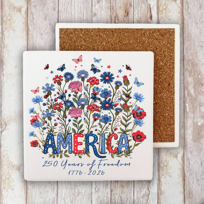 Patriotic Flowers 250 Anniversary America Stone Coaster