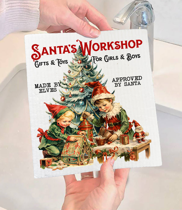 Christmas Vintage Elfs Workshop Swedish Dishcloth