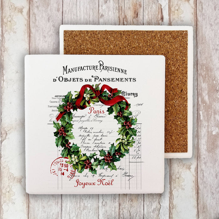 Paris Christmas Wreath, Stone Coaster - Copy