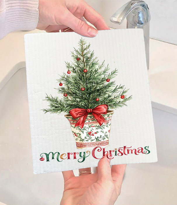 Christmas Watercolor Toile Tree Swedish Dishcloth