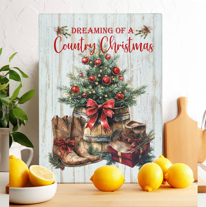 Country Christmas Western Cowboy Boots Glass Cutting Board