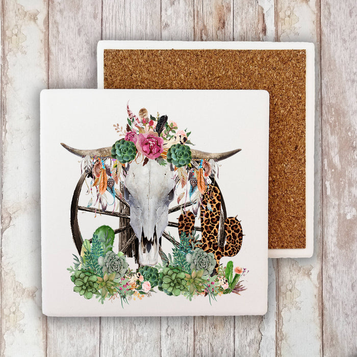 Western Cow Skull Cactus Southwestern Stone Coaster