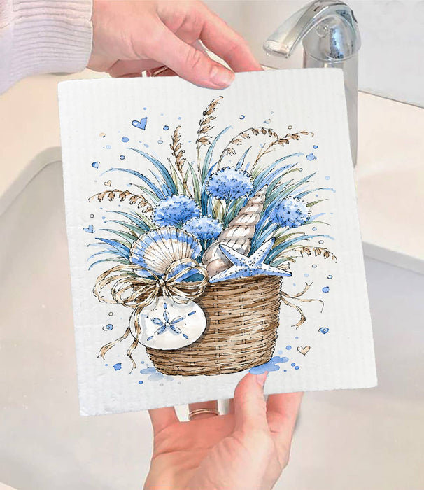 Coastal Blue Baskets of Shells Bouquet Swedish Dishcloth