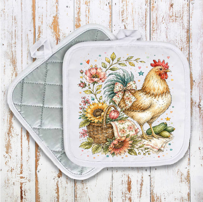 Whimsical Country Hen Flowers Pot Holder