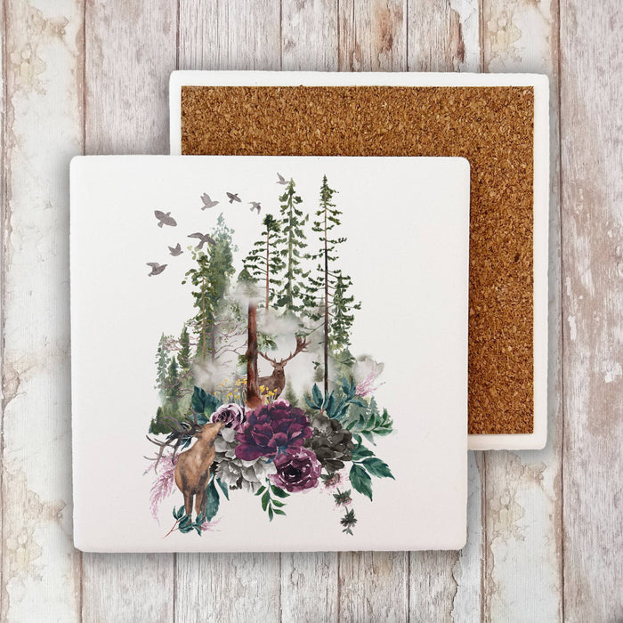 Deer Forest Mountains Wildlife Stone Coaster