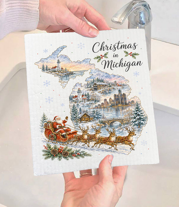 Christmas in Michigan State Map Swedish Dishcloth
