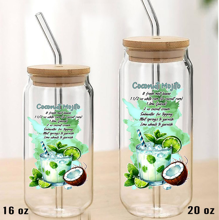 Summer Cocktail Coconut Mojito Can Glass with Lid Straw