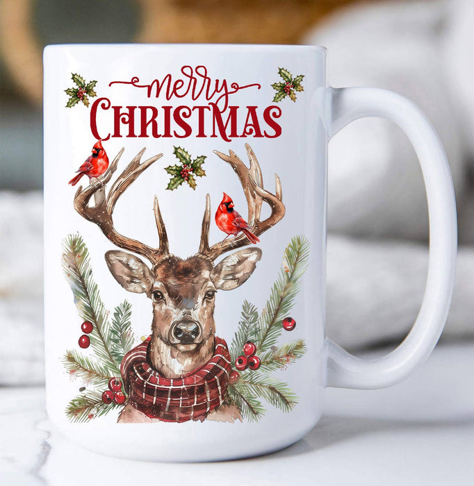 Christmas Reindeer Red Cardinals Coffee Mug