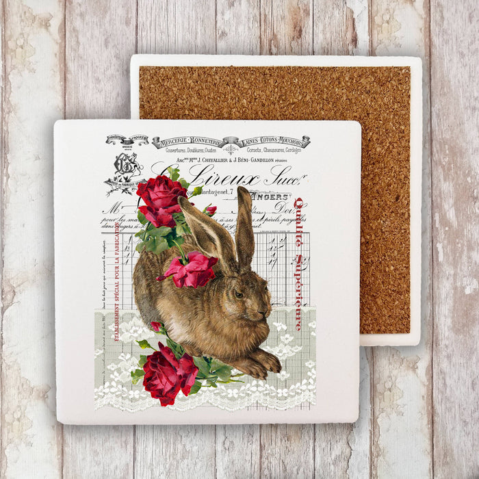 Vintage French Bunny Roses Spring Stone Coaster