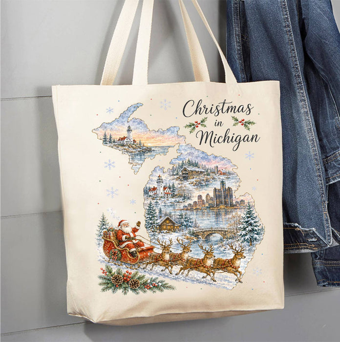 Christmas in Michigan State Map Canvas Tote Bag