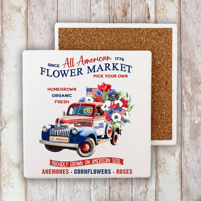 All American Patriotic Flower Truck Stone Coaster