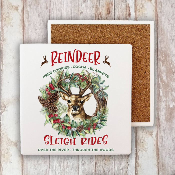 Christmas Reindeer Sleigh Rides Stone Coaster