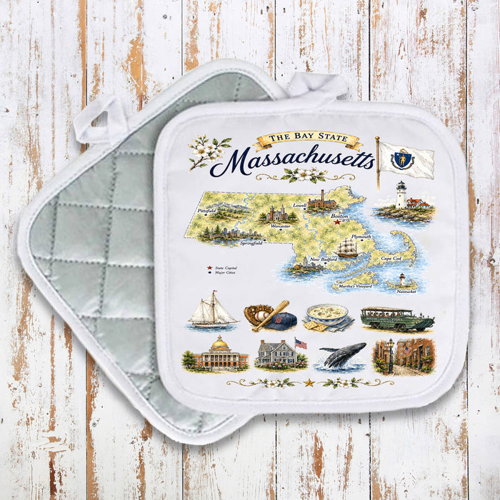 Massachusetts State Map Landmark Pot Holder