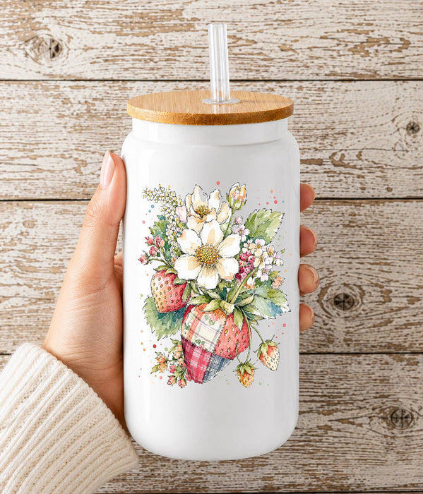 Watercolor Quilted Strawberry Glass Cup