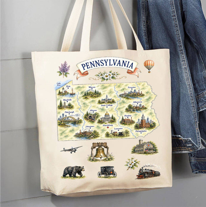 Pennsylvania State Map Landmark Canvas Tote Bag