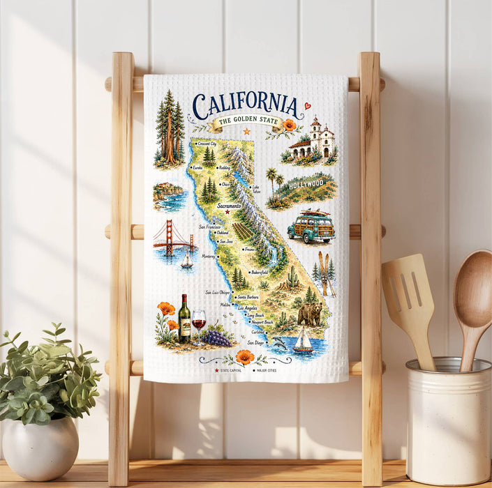 California State Map Landmark Waffle Weave Towel