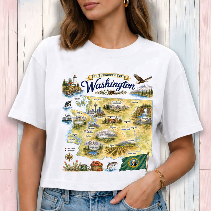 Washington State Map Landmark Cropped T-Shirt