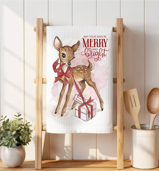 Vintage Christmas Reindeer Waffle Weave Towel