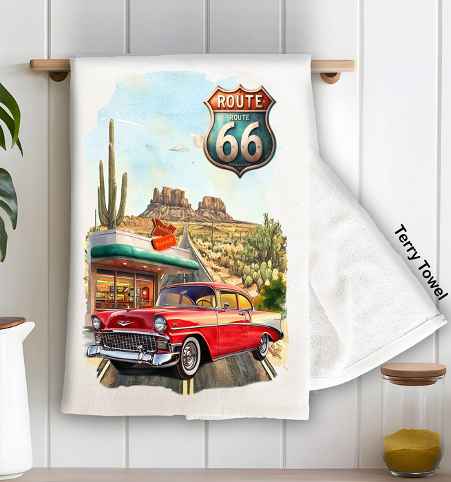Route 66 Vintage Car Diner  Kitchen Terry Towel