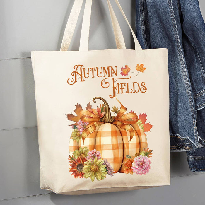 Autumn Harvest Checkered Pumpkins 12 oz Canvas Tote Bag