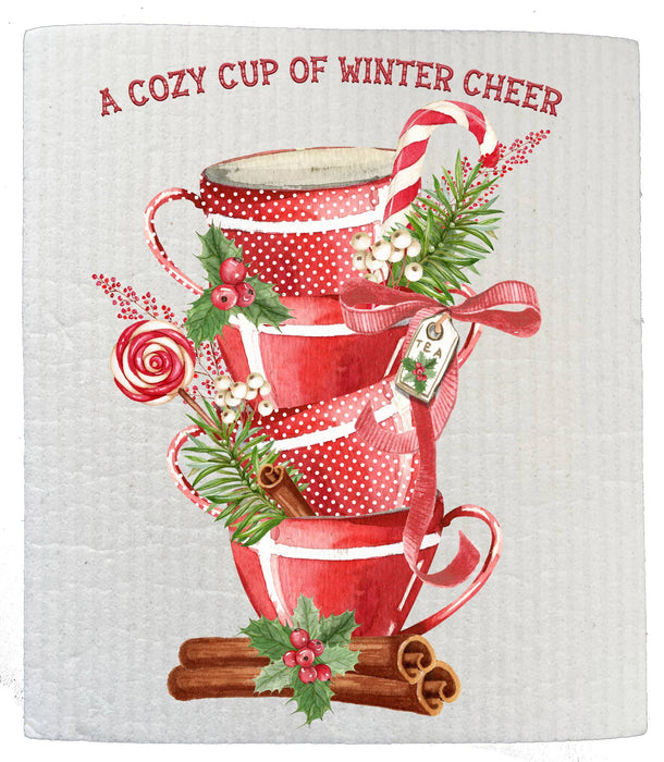 Christmas Tea Cups Winter Cheer SWEDISH DISH CLOTH