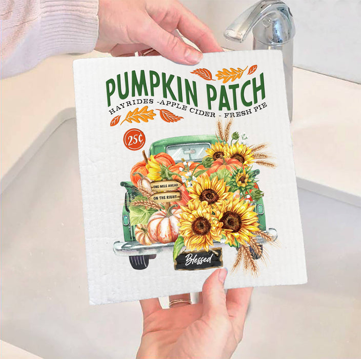 Autumn Fall Pumpkin Patch Green Truck SWEDISH DISH CLOTH