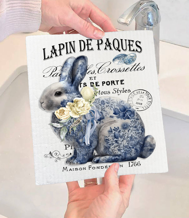 Easter Bunny Blue & White Chinoiserie SWEDISH DISH CLOTH