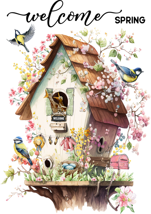 Welcome Spring Bird House Flowers