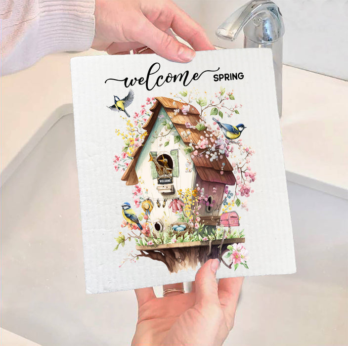 Welcome Spring Bird House Flowers Swedish Dish Cloth