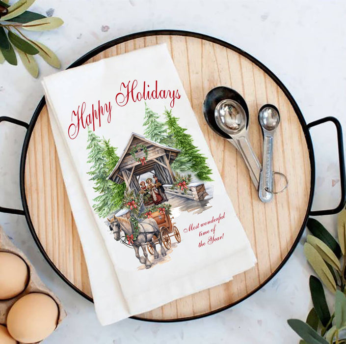 Christmas Cover Bridge Horse Carriage Flour Sack Tea Towel