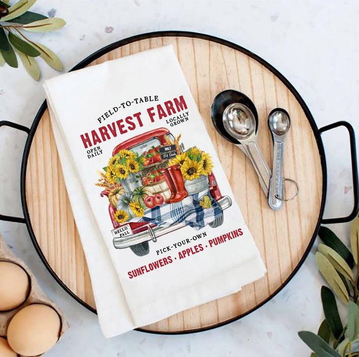 Autumn Fall Harvest Farms Red Truck Flour Sack Tea Towel