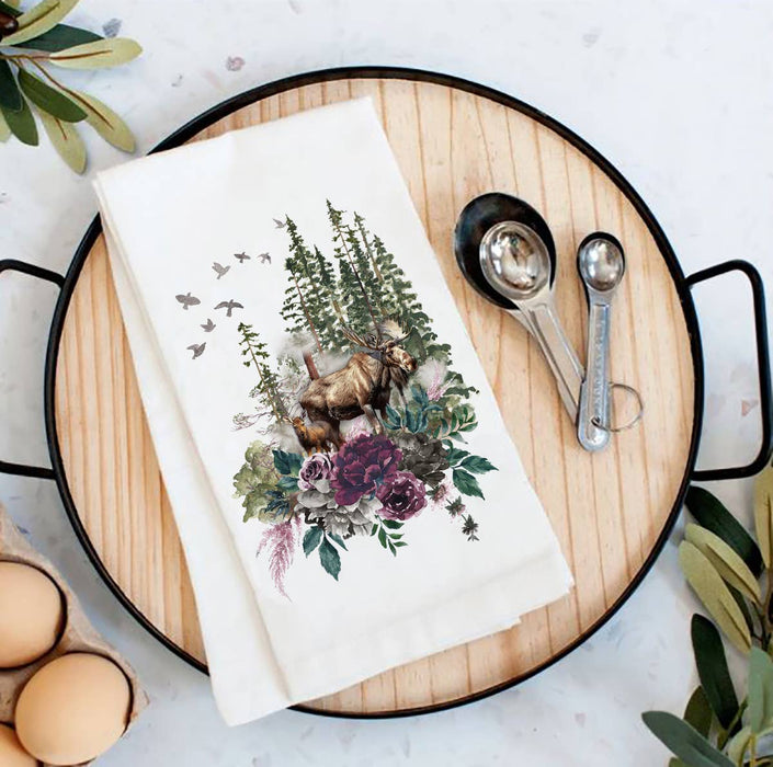 Moose Trees Mountains Wildlife Flour Sack Tea Towel