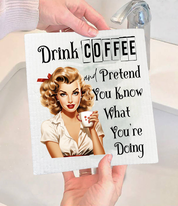 Drink Coffee Retro Housewife Funny SWEDISH DISH CLOTH
