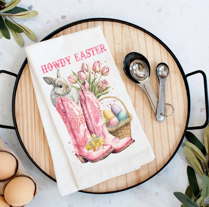 Howdy Easter Cowboy Boots Western Flour Sack Tea Towel