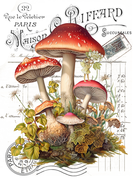 Vintage French Red & White Mushrooms