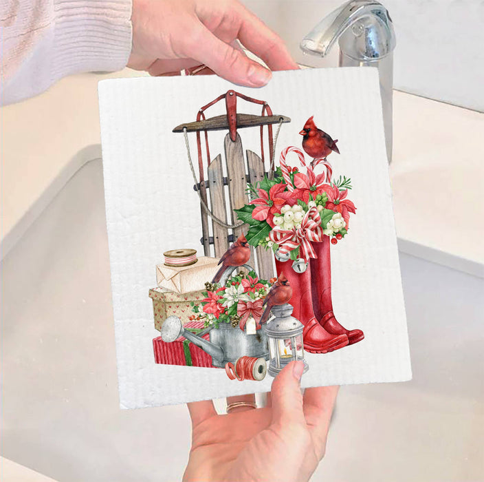 Christmas Sleigh Red Boots Cardinal SWEDISH DISH CLOTH