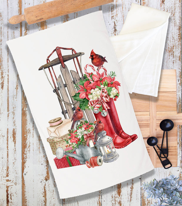 Christmas Sleigh Red Boots Cardinal Terry Cloth Towel
