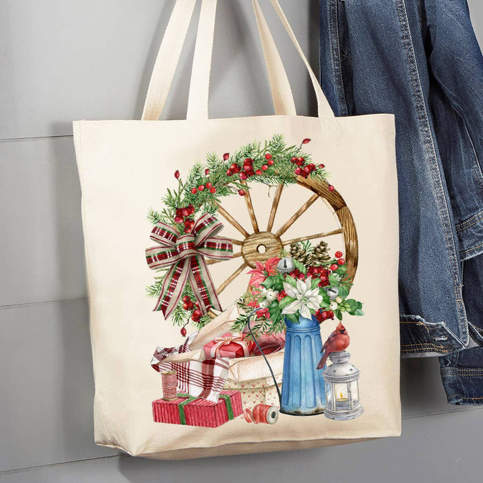 Christmas Wagon Wheel Present Cardinal 12 oz Canvas Tote Bag