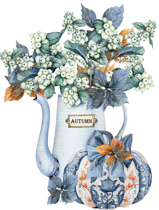 Autumn Blue White Pumpkins Flowers