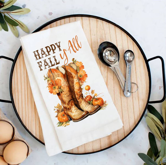 Happy Fall Y'All Cowboy Boots Western Flour Sack Tea Towel