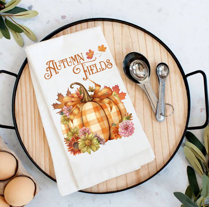 Autumn Harvest Checkered Pumpkins Flour Sack Tea Towel
