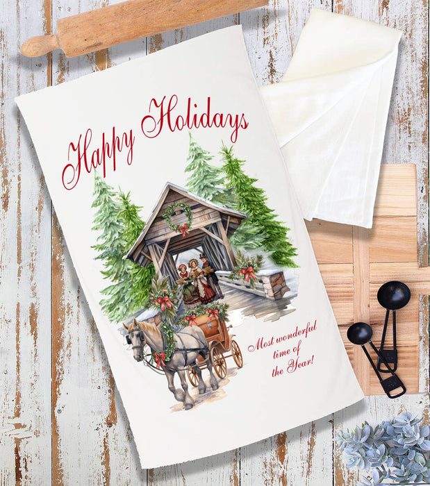 Christmas Cover Bridge Horse Carriage Terry Cloth Towel