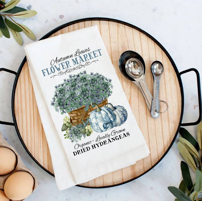 Autumn Blue White Pumpkins Hydrengeas Flour Sack Tea Towel