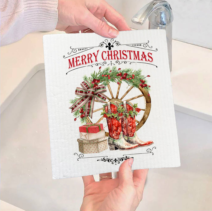 Merry Christmas Red Cowboy Boots Western SWEDISH DISH CLOTH