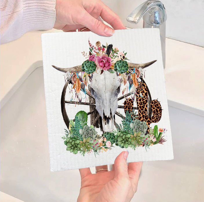 Western Cow Skull Cactus Southwestern SWEDISH DISH CLOTH