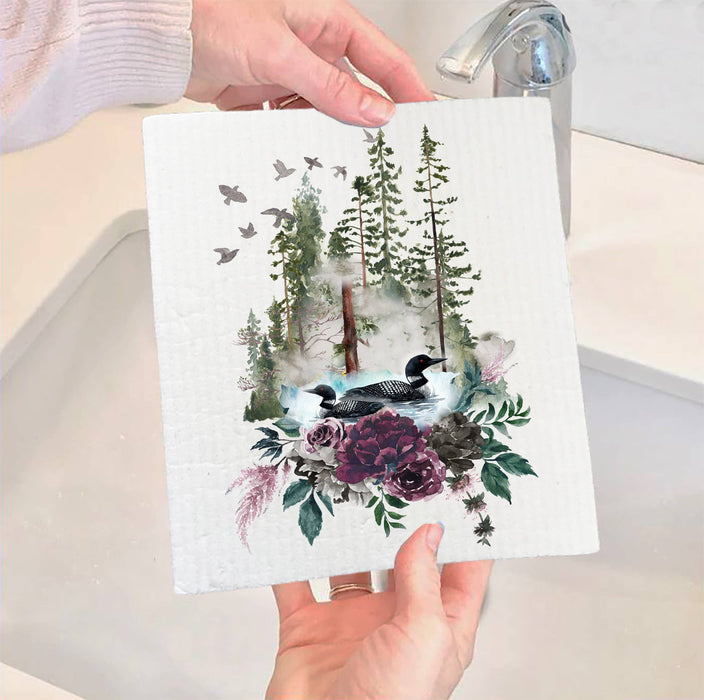 Loons Lake Mountains Wildlife  Swedish Dish Cloth