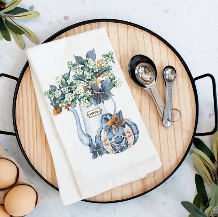 Autumn Blue White Pumpkins Flowers Flour Sack Tea Towel