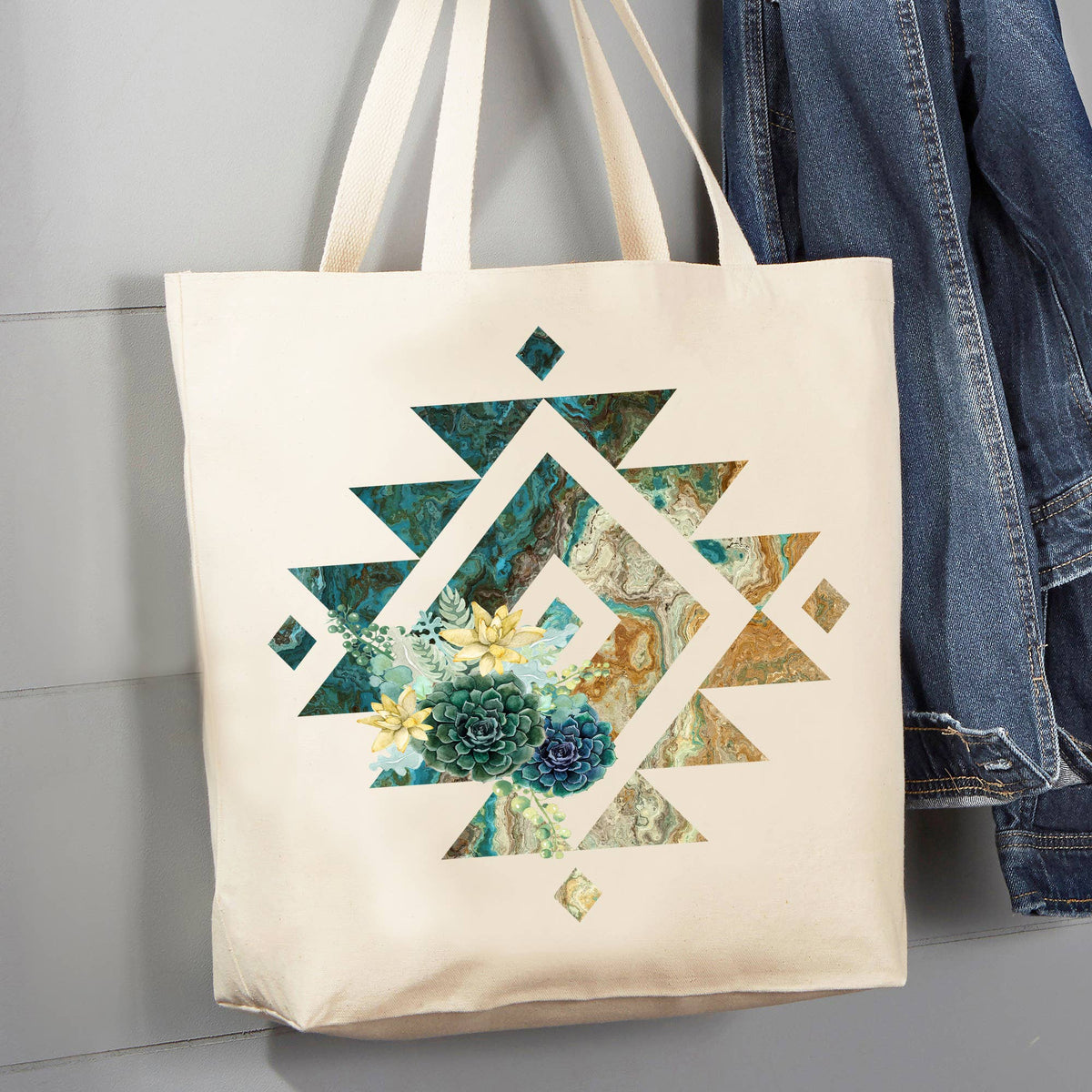 Western Blue Aztec Cactus Southwestern 12 oz Canvas Tote Bag — Avery ...