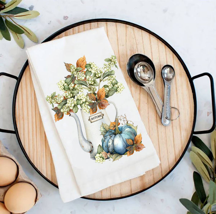 Fall Autumn Blue Pumpkin Watering Can Flour Sack Tea Towel