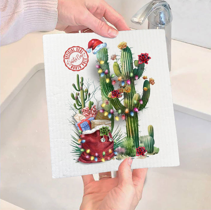 Christmas Santa Saguaro Cactus Western SWEDISH DISH CLOTH